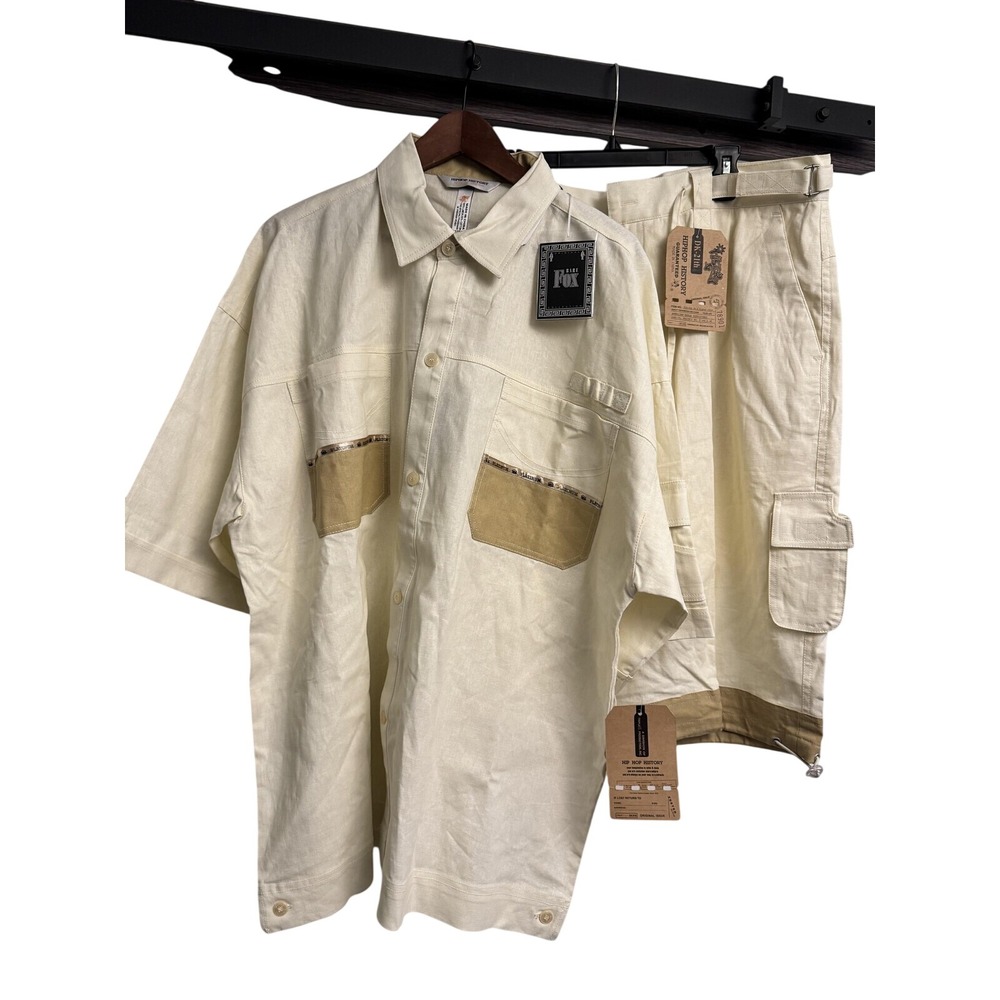 HipHop History Mens 2XL Cream Off-White Linen Button-Up Shirt Matching Shorts